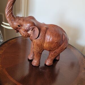 Vintage Leather Wrapped Brown Elephant Standing 13 Inches High